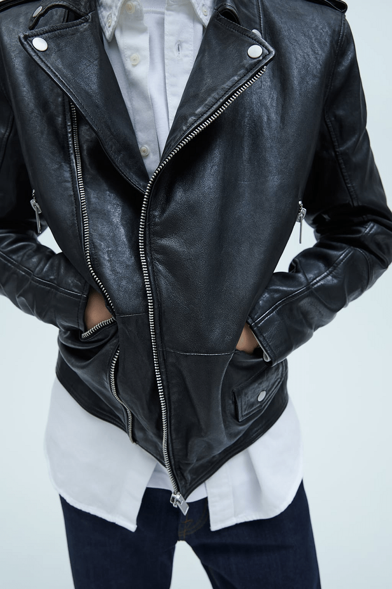 Mens Zara Black Leather Jacket With Zips - Image 2