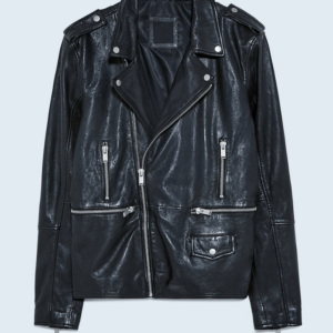 Mens Zara Black Leather Jacket With Zips