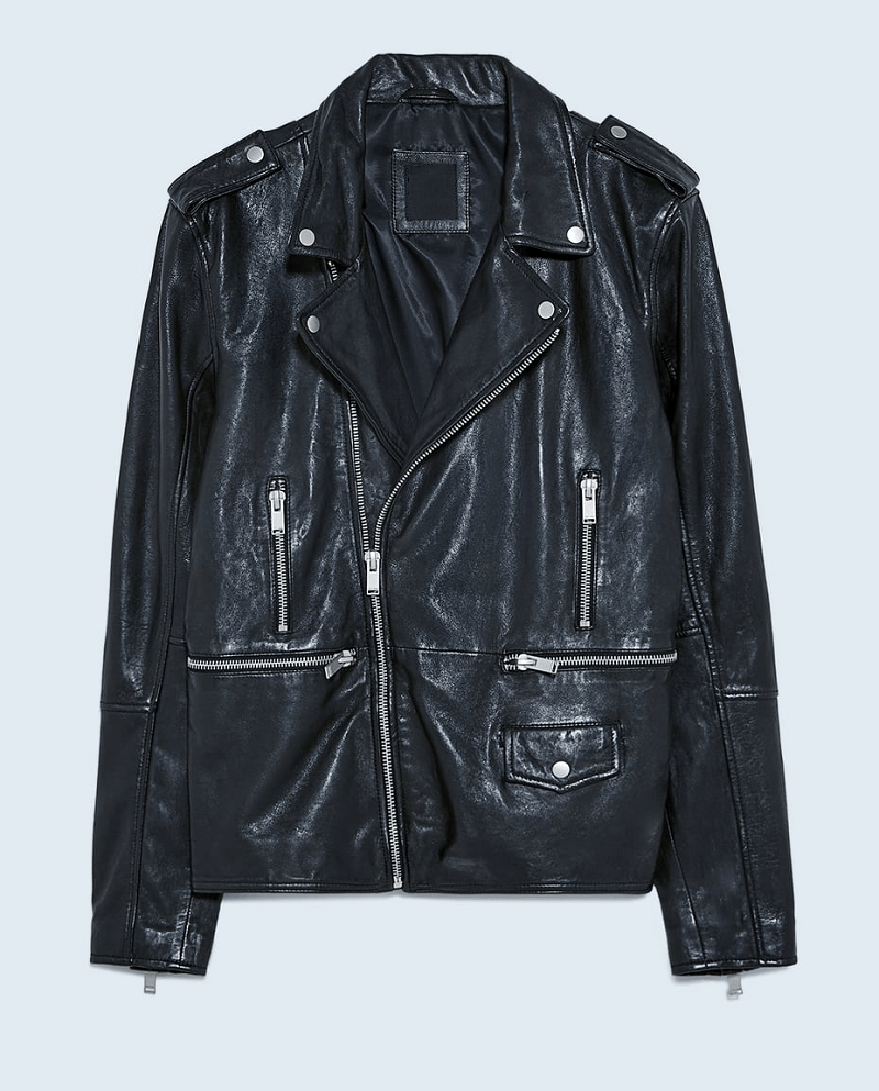 Mens Zara Black Leather Jacket With Zips
