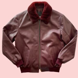 Burgundy Bomber Fur Collar Leather Jacket