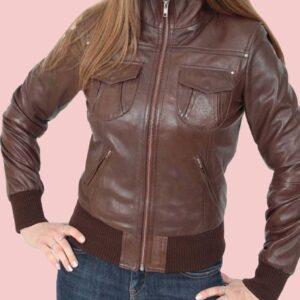 Brown Leather Bomber Jacket Womens