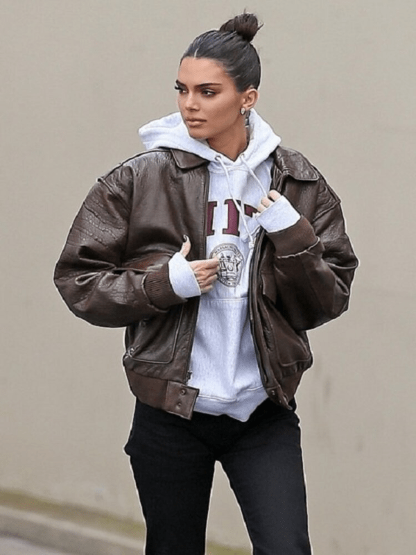 Kendall Jenner Brown Bomber Leather Jacket - Image 2