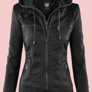 Ll Womens Hooded Faux Leather Jacket