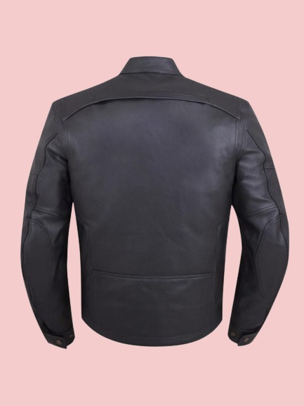 Mens Snap Tab Collar Black Fashion Motorcycle Leather Jacket - Image 2