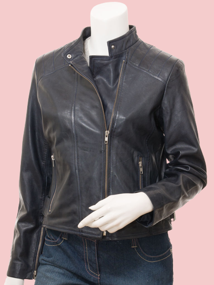 Navy Leather Jacket Womens - AirBorne Jacket