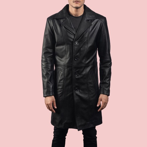 Mens Don Long Black Leather Coat - Image 2