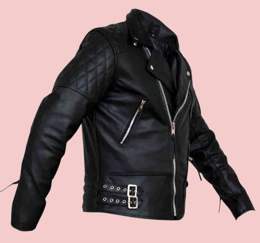 Mens Classic Diamond Black Biker Leather Jacket - Image 2