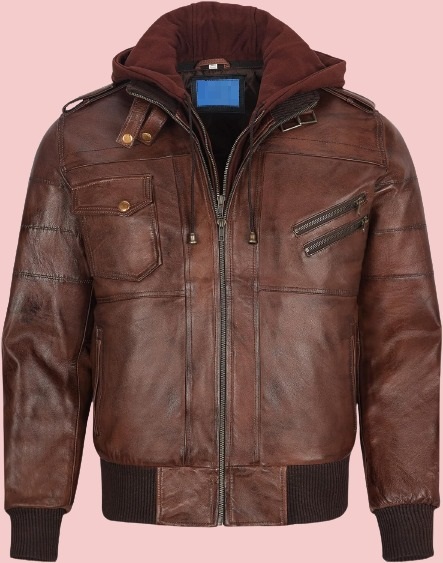 Flavor Brown Leather Motorcycle Jacket With Removable Hood Airborne Jacket 