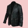 Mens Formal Button Style Black Leather Jacket Blazer - Image 3