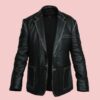 Mens Formal Button Style Black Leather Jacket Blazer - Image 2