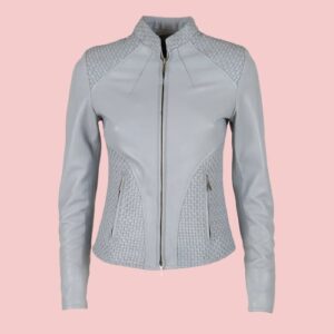 Womens Irina Short Stretch Pearl Grey Leather Jacket