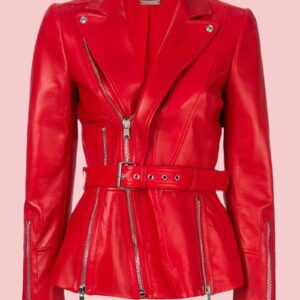 Womens Belted Red Leather Jacket