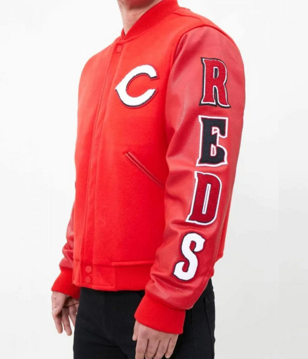 MLB Cincinnati Reds Red Letterman Varsity Wool Leather Jacket - Image 6
