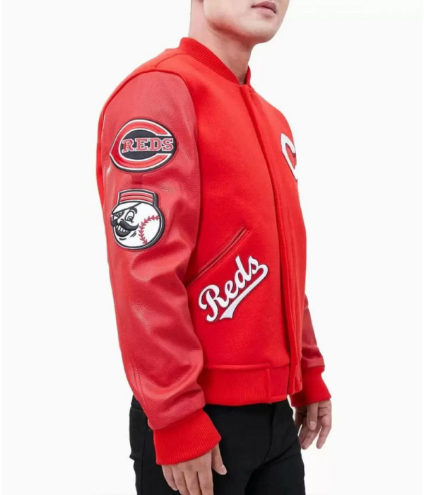 MLB Cincinnati Reds Red Letterman Varsity Wool Leather Jacket - Image 5