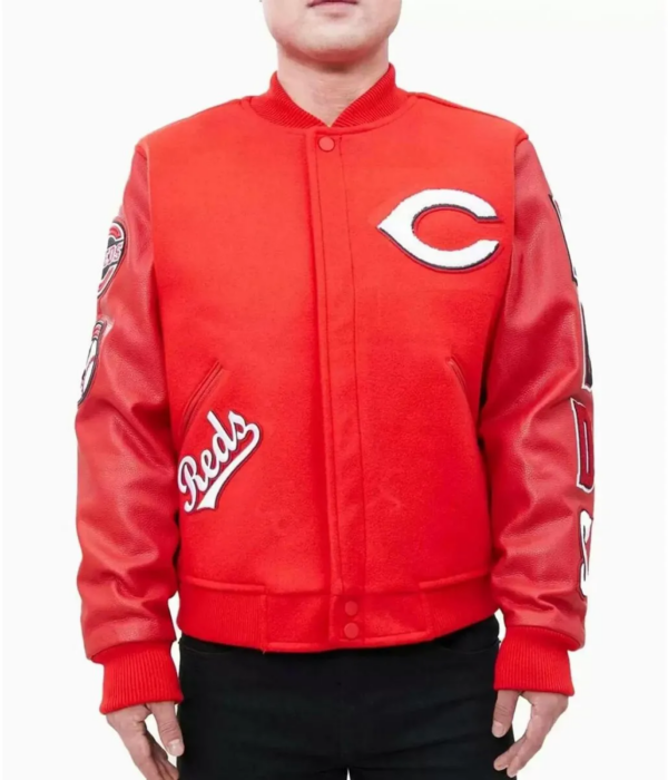 MLB Cincinnati Reds Red Letterman Varsity Wool Leather Jacket - Image 4