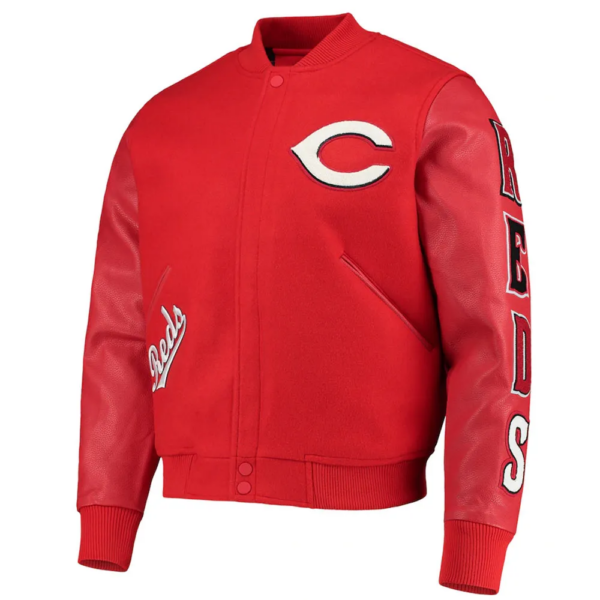 MLB Cincinnati Reds Red Letterman Varsity Wool Leather Jacket - Image 2