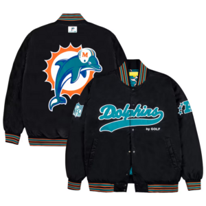 Miami Dolphins GOLF WANG Black Bomber Satin Jacket