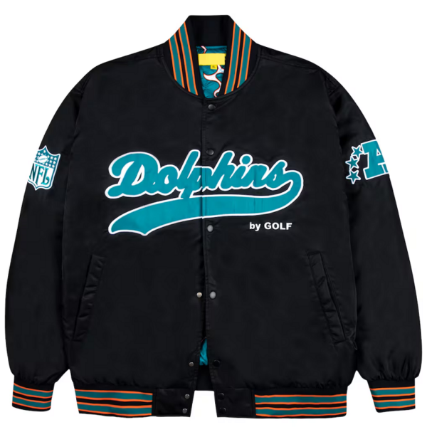 Miami Dolphins GOLF WANG Black Bomber Satin Jacket - Image 2
