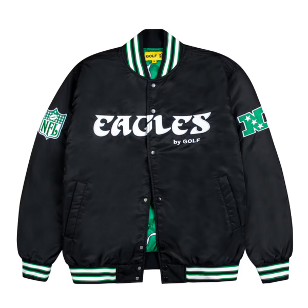Philadelphia Eagles GOLF WANG Black Bomber Satin Jacket - Image 2