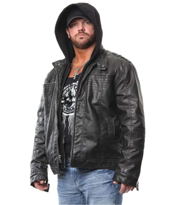 TNA AJ Styles Black Leather Jacket with Removable Hoodie - Image 4