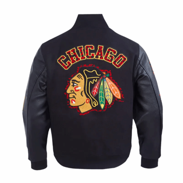 Chicago Blackhawks Animal Print Varsity Wool/Leather Jacket - Image 4