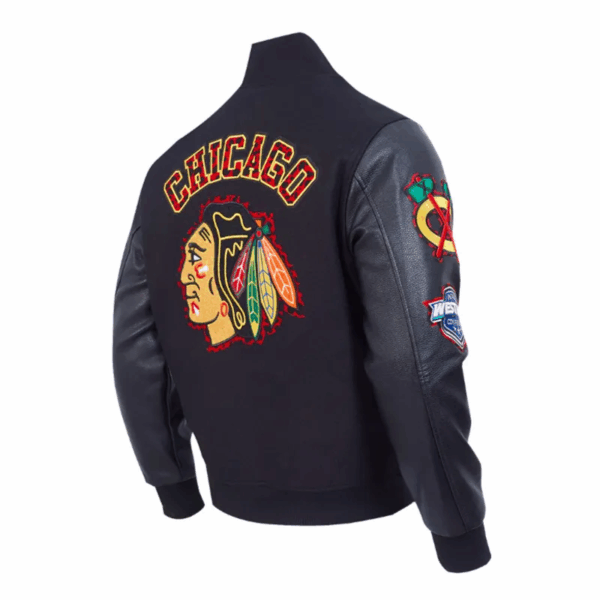 Chicago Blackhawks Animal Print Varsity Wool/Leather Jacket - Image 3