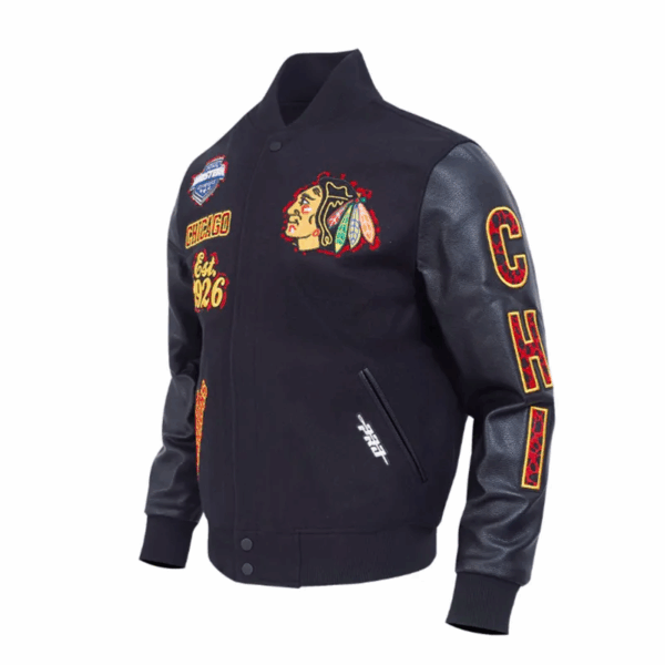 Chicago Blackhawks Animal Print Varsity Wool/Leather Jacket - Image 2